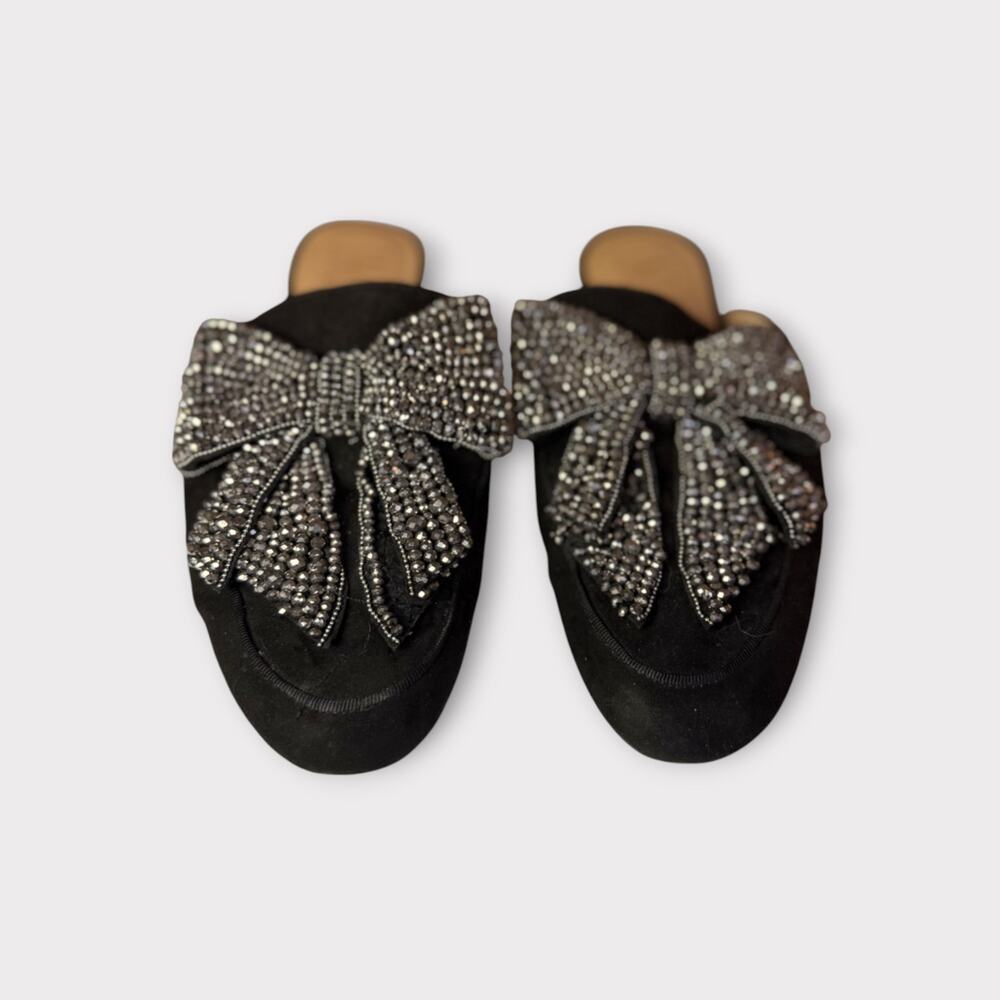 Black Rhinestone Bow Mules – Sparkly Slip-On Flats | Size 8 Velvet & Glam Look